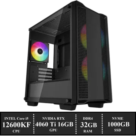 Game PC: 1000GB NVMe SSD | 32GB DDR4 | Intel Core i5 12600KF (6 Cores) | 120mm Tower Cooler | Nvidia RTX 4060Ti 16GB GDDR6 | 650W Voeding | Windows 11 (w7613)