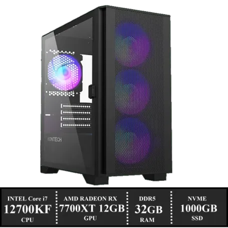 CorePower Game PC: 1000GB NVMe SSD | 32GB DDR5 | Intel Core i7 12700KF (10 Cores)  | 120mm ARGB Tower Cooler | AMD Radeon RX 7700 XT 12GB GDDR6 | 750W Voeding | Windows 11 (im8561)