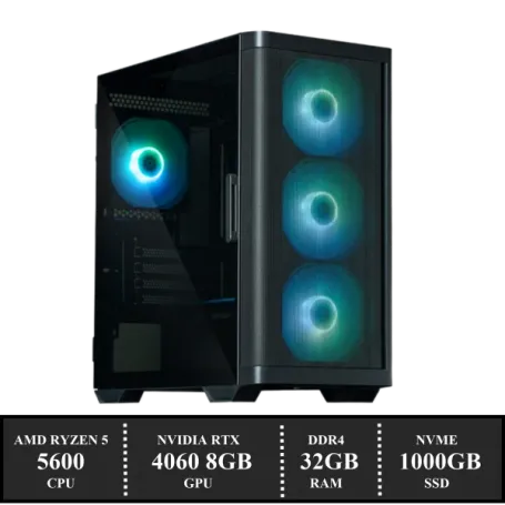 ZenPower Game PC: 1000GB NVMe SSD | 32GB DDR4 | AMD Ryzen 5 5600 (6 Cores) | AMD Cooler | Nvidia RTX 4060 8GB GDDR6 | 550W Voeding | Windows 11 (amb5600)