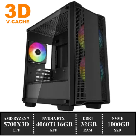 ZenPower Game PC: 1000GB NVMe SSD | 32GB DDR4 | AMD Ryzen 7 5700X3D (8 Cores) | 120mm Tower Koeler | Nvidia RTX 4060 Ti 16GB GDDR6 | 650W Voeding | Windows 11 (amb5700)