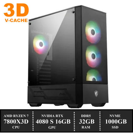 Game PC: 1000GB NVMe SSD | 32GB DDR5 | AMD Ryzen 7 7800X3D (8 Cores met 3D Cache) | ARGB Dual Tower Cooler | Nvidia RTX 4080 SUPER 16GB GDDR6X | 850W GOLD Voeding | Windows 11 (a7362)