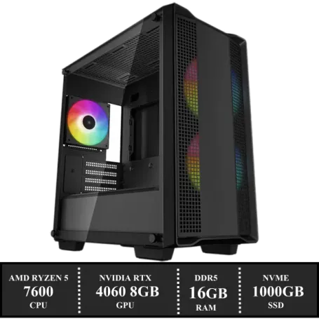 Game PC: 1000GB NVMe SSD | 16GB DDR5 | AMD Ryzen 5 7600 (6 Cores) | ARGB 120mm Tower Cooler | Nvidia RTX 4060 8GB GDDR6 | 650W Voeding | Windows 11 (W7631)