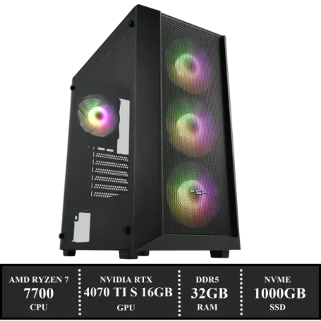 ZenPower Game PC: 1000GB NVMe SSD | 32GB DDR5 | AMD Ryzen 7 7700 (8 Cores) | 120mm Tower Cooler | Nvidia RTX 4070Ti SUPER 16GB GDDR6 | 850W Voeding | Windows 11 (w7891)