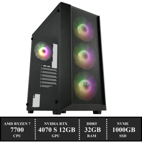 ZenPower Game PC: 1000GB NVMe SSD | 32GB DDR5 | AMD Ryzen 7 7700 (8 Cores) | 120mm Tower Cooler | Nvidia RTX 4070 SUPER 12GB GDDR6 | 850W Voeding | Windows 11 (w8512)