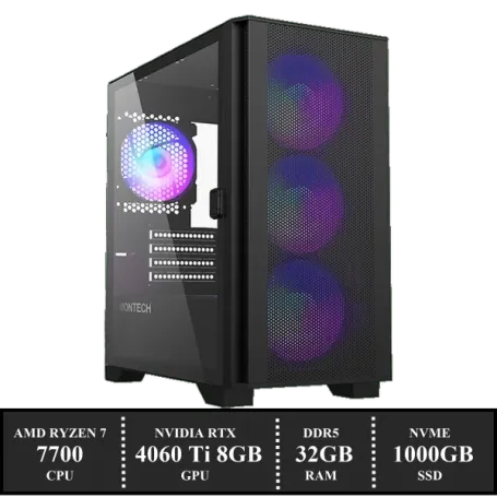 ZenPower Game PC: 1000GB NVMe SSD | 32GB DDR5 | AMD Ryzen 7 7700 (8 Cores) | 120mm ARGB Tower Cooler | Nvidia RTX 4060Ti 8GB GDDR6 | 650W Voeding | Windows 11 (w8537)