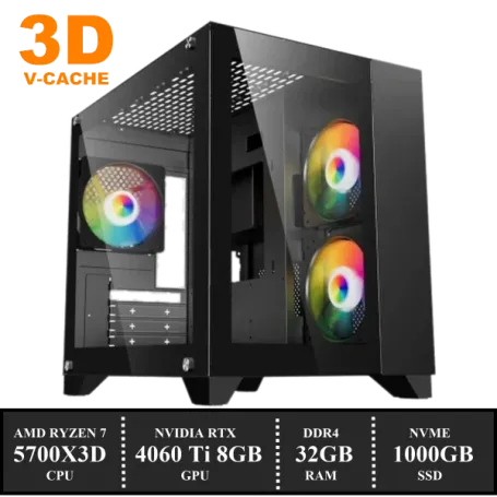 Game PC: 1000GB NVMe SSD | 32GB DDR4 | AMD Ryzen 7 5700X3D (8 Cores) | 120mm Tower Koeler ARGB | Nvidia RTX 4060 Ti 8GB GDDR6 | 650W Voeding | Windows 11 (amb5770)