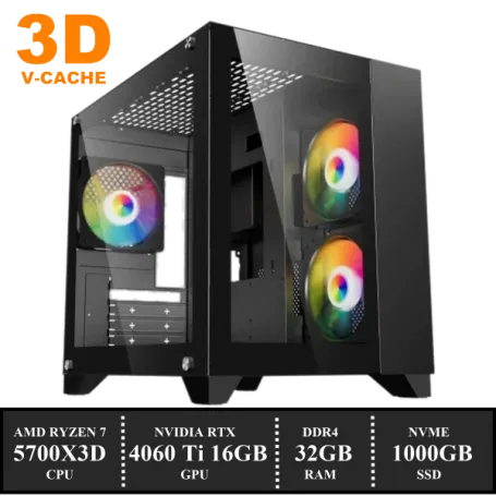 Game PC: 1000GB NVMe SSD | 32GB DDR4 | AMD Ryzen 7 5700X3D (8 Cores) | 120mm Tower Koeler ARGB | Nvidia RTX 4060 Ti 16GB GDDR6 | 650W Voeding | Windows 11 (amb5780)