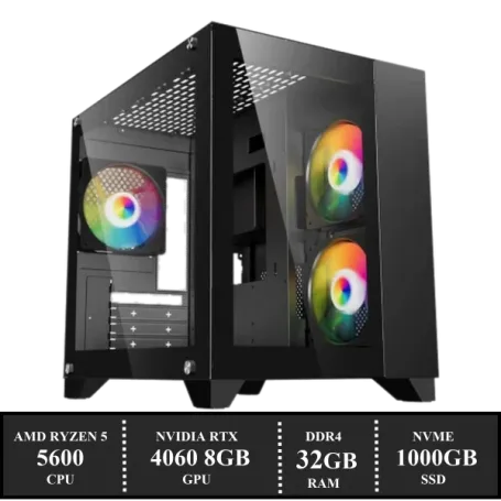 Game PC: 1000GB NVMe SSD | 32GB DDR4 | AMD Ryzen 5 5600 (6 Cores) | 120mm Tower Koeler ARGB | Nvidia RTX 4060 8GB GDDR6 | 650W Voeding | Windows 11 (amb6688)