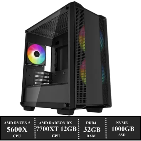 ZenPower Game PC: 1000GB NVMe SSD | 32GB DDR4 Werkgeheugen | AMD Ryzen 5 5600X (6 Cores) | Standaard AMD Cooler | AMD Radeon RX 7700XT 12GB GDDR6 | 650W Voeding | Windows 11 (W7965)