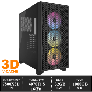 ZenPower 3000D Game PC: 1000GB NVMe SSD | 32GB DDR5 | AMD Ryzen 7 7800X3D (8 Cores) | 240mm Water Cooler | Nvidia RTX 4070 Ti SUPER 16GB GDDR6 | 850W Voeding | Windows 11 (W7801)