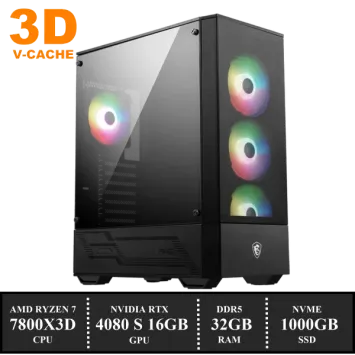 Game PC: 1000GB NVMe SSD | 32GB DDR5 | AMD Ryzen 7 7800X3D (8 Cores met 3D Cache) | ARGB Dual Tower Cooler | Nvidia RTX 4080 SUPER 16GB GDDR6X | 850W GOLD Voeding | Windows 11 (a7362)