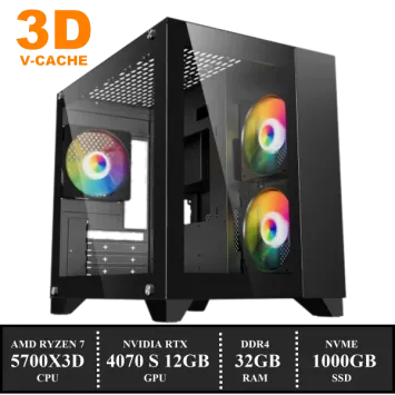 Game PC: 1000GB NVMe SSD | 32GB DDR4 | AMD Ryzen 7 5700X3D (8 Cores) | 120mm Tower Koeler ARGB | Nvidia RTX 4070 SUPER 12GB GDDR6X | 650W Voeding | Windows 11 (amb5790)