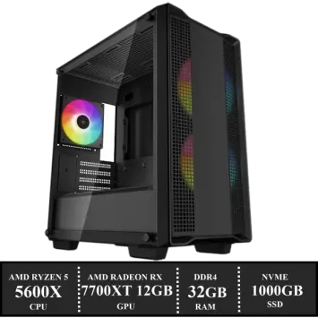 ZenPower Game PC: 1000GB NVMe SSD | 32GB DDR4 Werkgeheugen | AMD Ryzen 5 5600X (6 Cores) | Standaard AMD Cooler | AMD Radeon RX 7700XT 12GB GDDR6 | 650W Voeding | Windows 11 (W7965)